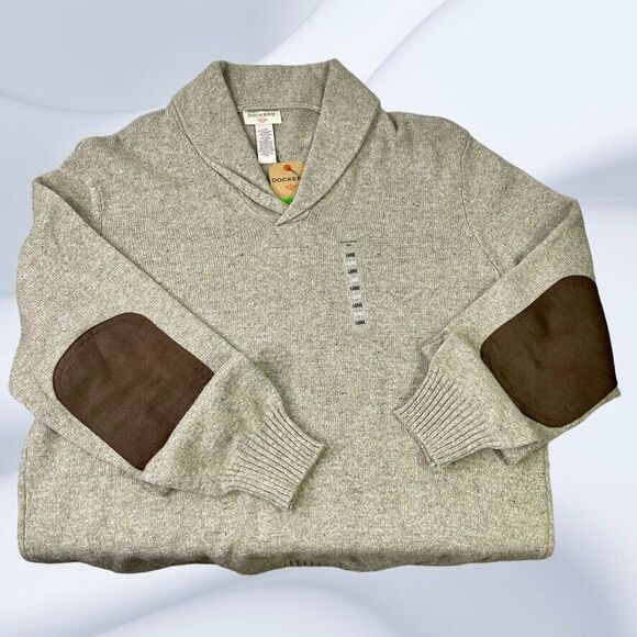 Dockers Mens Chino Tan Shawl Collar Elbow Patch NWT Wool Blend Sweater Size L - Picture 7 of 7